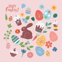 Happy Easter. Vector set of cute illustration. Painted eggs, rabbits, flowers, a basket, a chocolate hare, cakes. Design elements for card, poster, flyer and other use.