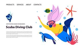 Diving. Extreme sport. Underwater swimming. Girl diver and exotic fish and underwater world. Vector illustration.