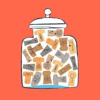 Glass jar with a collection of wine corks. Vector illustration.