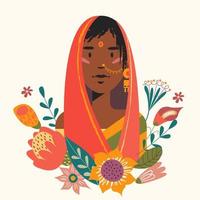 Female portrait with flowers. Vector illustration.