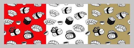 Set of seamless patterns. Set of hand drawn different Japanese sushi and rolls. Vector illustration.