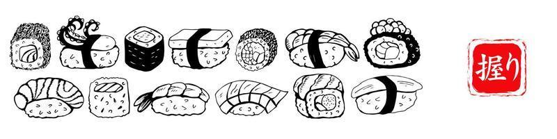 conjunto de sushi y rollos japoneses diferentes dibujados a mano. ilustración vectorial. el carácter japonés significa sushi. vector