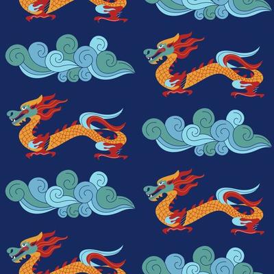 Seamless pattern in Chinese style with Chinese dragons. Vector colorful illustration. Traditional Chinese pattern.