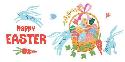 Felices Pascuas. una canasta de huevos pintados. ilustración vectorial. vector