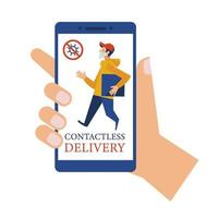 Online application. Delivery. Contactless delivery. A courier in a medical mask delivers a box. Online purchases during the quarantine. vector