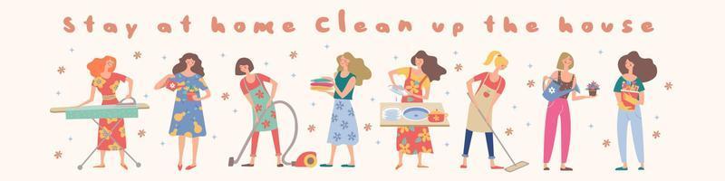 Stay at home, clean up the house. Cute housewife doing the housework. Vector collection.