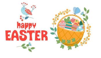 Happy Easter. A basket of painted eggs. Vector illustration.