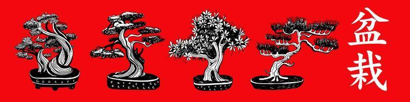 Set of 4 Bonsai trees. Vector hand drawn black and white illustration on a red background. Inscription in Japanese Bonsai characters.