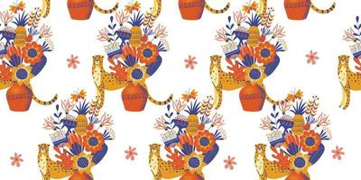 Seamless pattern on a white background. Cheetah and flowers. vector