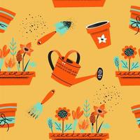 Seamless pattern on a yellow background. Tools for seasonal work in the garden. vector