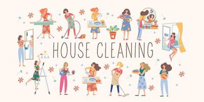 limpieza de la casa. linda ama de casa haciendo las tareas del hogar. colección de vectores. vector