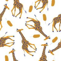 Seamless pattern on a white background. Cute giraffes and palm leaves. vector