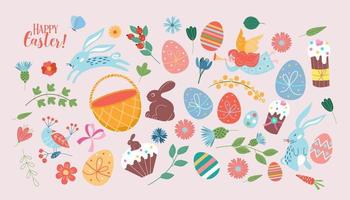 Felices Pascuas. vector conjunto de linda ilustración. huevos pintados, conejos, flores, una canasta, una liebre de chocolate, pasteles. elementos de diseño para tarjetas, carteles, folletos y otros usos.