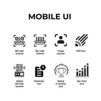 Mobile UI icons kit for scanner application with QR code, image scanner, reminder, review and chart icon vector