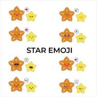Collection of different emoji, an icon of cute star cartoon on white background vector illustration, Orange and Yellow star with an open smile, angry showing upper teeth, crying, and normal emotions.