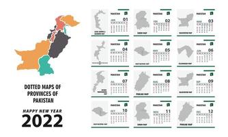 Calendar 2022. Map of provinces of Pakistan Week starts on Sunday. vector of 2022 new year calendar in clean minimal table simple style on white background