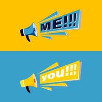 Me vs You. Flat stroke style trend modern logotype graphic design with megaphone and speech bubble icon on blue and yellow color. For fun and happy quiz or challenge vector