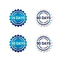 Free Trial Badges. 14, 30, 60 and 90 day sticker. Vector illustration in flat paper style with gradient blue and white color. Premium and luxury design template