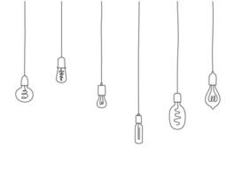 Hanging light bulbs set line illustration. Modern pendant lamp doodle drawing. Lighting design indoor element. vector