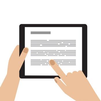 Hand pointing tablet vector illustration. Finger touching device screen. Using electronic gadget for work and leisure. Template for web, ad, app.