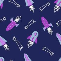 Rocket seamless pattern on dark blue background with comets. Various spaceships vector illustration. Good for fabrics, textile, clithing, nursery, stationery, print.