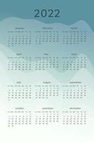 Vertical mint green calendar for 2022 year. Mountains silhouettes abstract gradient colorful background. Calendar design for print and digital. Week starts on Sunday vector