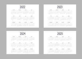 calendar 2022 2023 2024 2025 years template in classic strict style black and red colors on white background. Week starts on sunday. Horizontal lanscape format vector