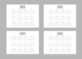 calendar 2022 2023 2024 2025 years template in classic strict style black and red colors on white background. Week starts on sunday. Horizontal lanscape format vector