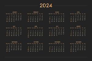 Calendario 2024 para cuaderno diario de planificador personal, dorado sobre negro de estilo lujoso. formato de paisaje horizontal. la semana comienza el domingo vector