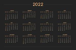 Calendario 2022 para cuaderno diario de planificador personal, dorado sobre negro de estilo lujoso. formato de paisaje horizontal. la semana comienza el domingo vector