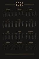 2023 calendar for personal planner diary notebook, gold on black luxury rich style. Vertical portrait format. Week starts on sunday vector