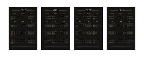 2022 2023 2024 2025 calendar for personal planner diary notebook, gold on black luxury rich style. Vertical portrait format. Week starts on sunday vector