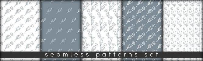 set of combinable seamless patterns. botanical floral hand drawn lineart elements dots spots, ultimate gray and white. design for packaging wrapping fabric textile vector