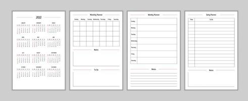 Calendario 2022 y plantilla de diario de planificador personal mensual semanal diario en estilo estricto clásico. calendario mensual horario individual. la semana comienza el domingo vector