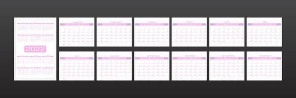 Calendario 2022 en estilo minimalista de moda urbana. Conjunto de lista de tareas del planificador diario de plantilla de 12 meses para todos los días. forma redondeada y aerodinámica, delicado color rosa claro. la semana comienza el domingo. vector