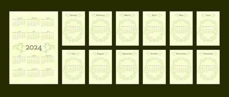 2024 calendar in delicate natural trendy style decorated with botanical hand drawn branch leaves. set of 12 separated months. vertical format. light pastel green color. week starts on Sunday. vector