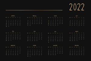 Calendario 2022 para cuaderno diario de planificador personal, dorado sobre negro de estilo lujoso. formato de paisaje horizontal. la semana comienza el domingo vector