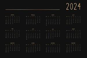 Calendario 2024 para cuaderno diario de planificador personal, dorado sobre negro de estilo lujoso. formato de paisaje horizontal. la semana comienza el domingo vector