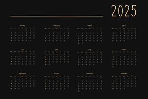 Calendario 2025 para cuaderno diario de planificador personal, dorado sobre negro de estilo lujoso. formato de paisaje horizontal. la semana comienza el domingo vector