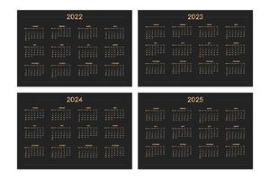 2022 2023 2024 2025 calendar for personal planner diary notebook, gold on black luxury rich style. Horizontal landscape format. Week starts on sunday vector