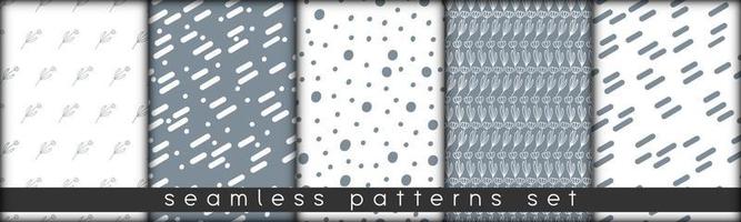 set of combinable seamless patterns. botanical floral hand drawn lineart elements dots spots, ultimate gray and white. design for packaging wrapping fabric textile vector