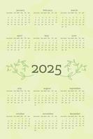 2025 calendar in delicate natural trendy style decorated with botanical floral hand drawn branch leaves. vertical format. light pastel green color. week starts on Sunday. vector