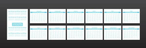 2025 calendar in minimalistic urban trendy style. set of 12 months template daily planner to-do list for every day. rounded streamlined shape, delicate light blue azure color. week starts on Sunday. vector