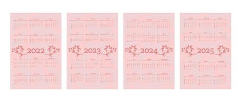 2022 2023 2024 2025 calendar in delicate natural trendy style decorated with botanical floral hand drawn branch leaves. vertical format. light pastel red pink color. week starts on Sunday. vector