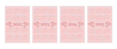 2022 2023 2024 2025 calendar in delicate natural trendy style decorated with botanical floral hand drawn branch leaves. vertical format. light pastel red pink color. week starts on Sunday. vector