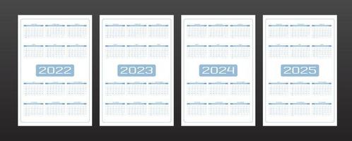 2022 2023 2024 2025 calendar set in minimalistic urban trendy style. rounded streamlined shape gray blue color. week starts on Sunday. vector