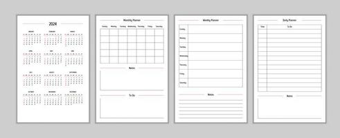 2024 calendar and daily weekly monthly personal planner diary template in classic strict style. vector