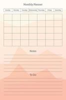 Monthly planner template. to do tasks list. Design for diary notebook notepad on multi-colored sheets with abstract bright background of gradient peaks of mountains vector