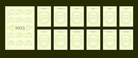 2023 calendar in delicate natural trendy style decorated with botanical hand drawn branch leaves. set of 12 separated months. vertical format. light pastel green color. week starts on Sunday. vector