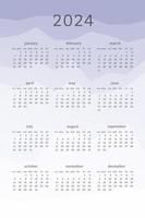 calendario lavanda vertical para el año 2024. montañas siluetas fondo colorido degradado abstracto. diseño de calendario para impresión y digital. la semana comienza el domingo vector